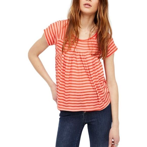 NWT Free People Jojo Stripe Tee. Orange/Coral S#022 - Picture 1 of 13